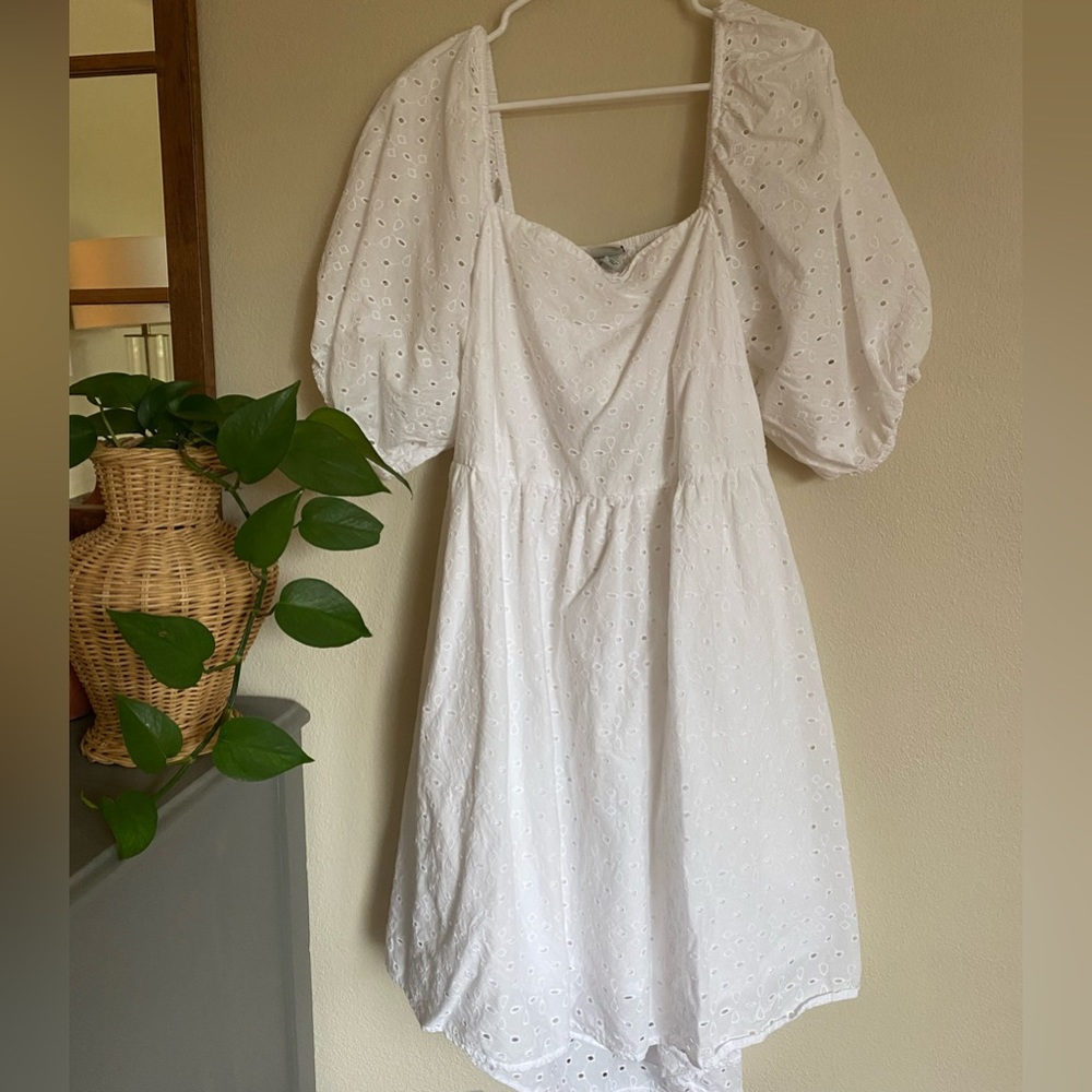 White Eyelet Puff Sleeve Dress